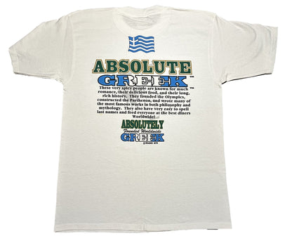 White t-shirt with 'Absolute Greek' text and graphics on a white background