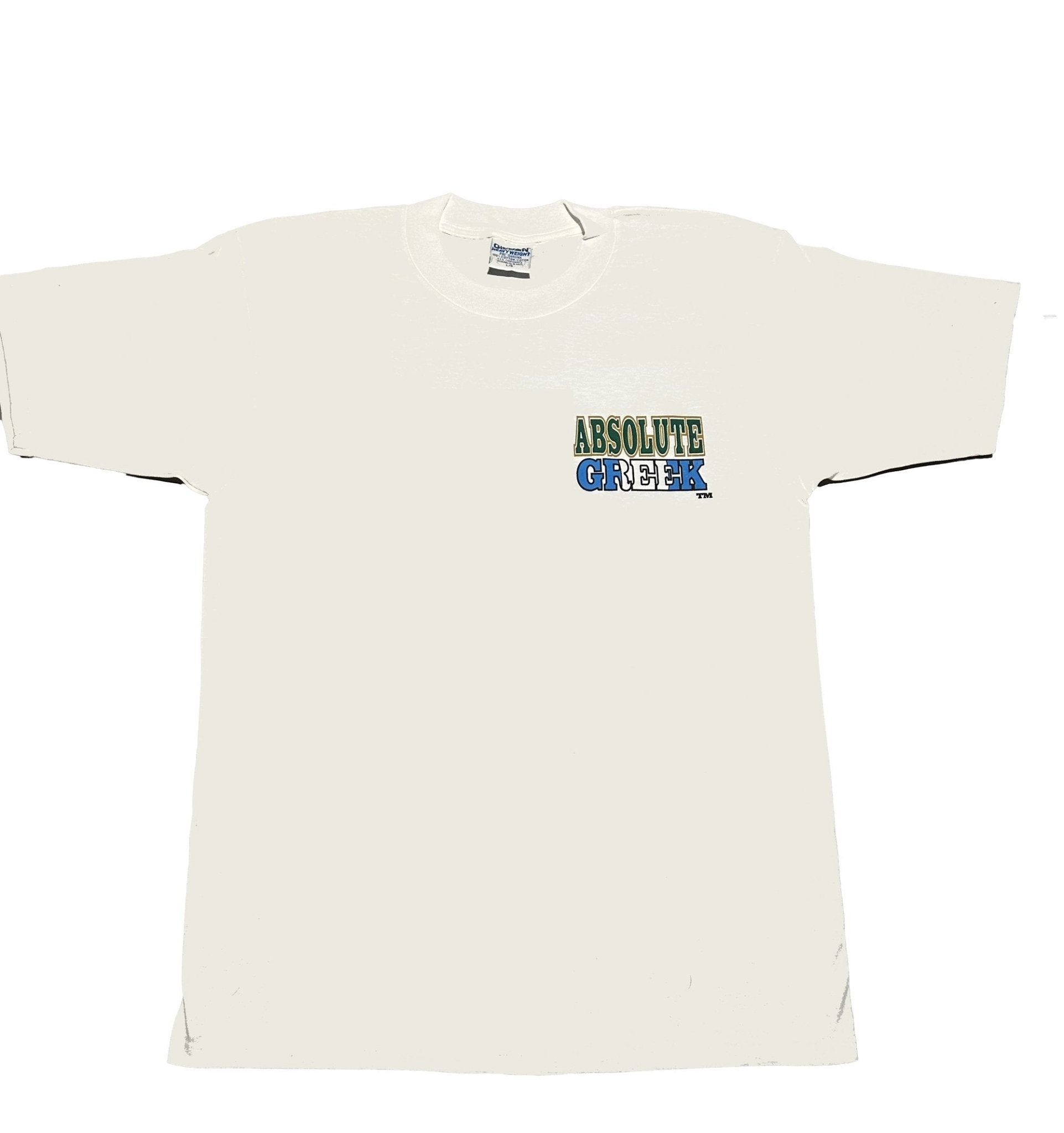 White t-shirt with 'Absolute Greek' text on a white background