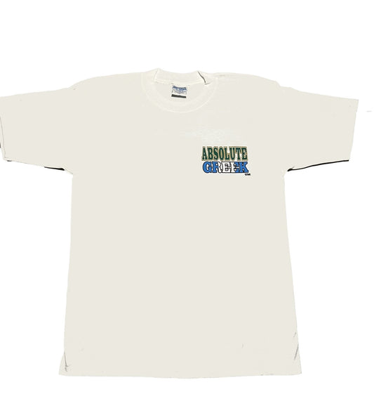 White t-shirt with 'Absolute Greek' text on a white background