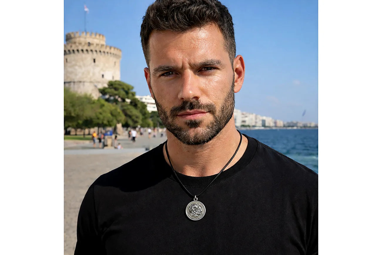 Man wearing a black shirt with a necklace in front of a castle and sea background