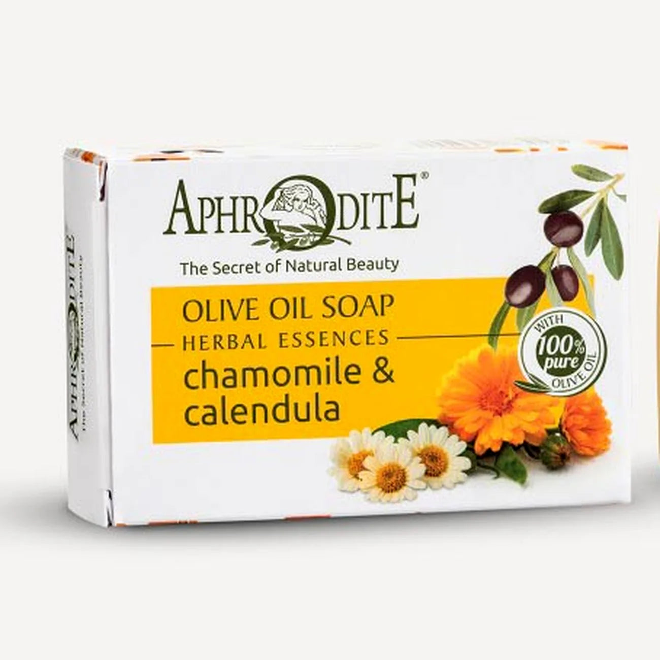 Aphrodite olive oil soap packaging with herbs and flowers on a white background
