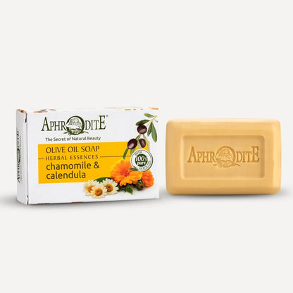 Aphrodite olive oil soap with packaging on a white background