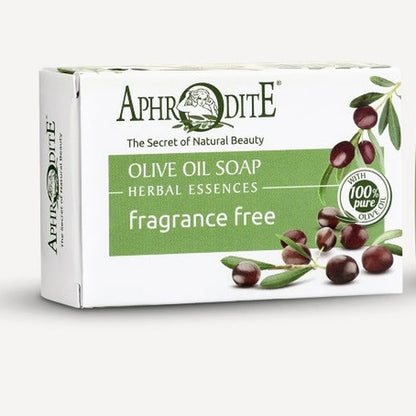 Aphrodite olive oil soap packaging with olive graphics on a white background