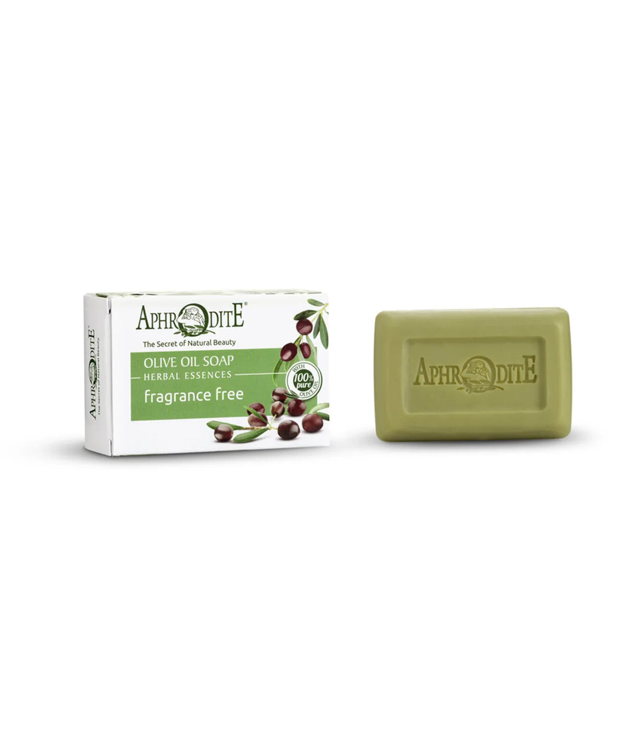 Aphrodite olive oil soap bar and packaging on a white background