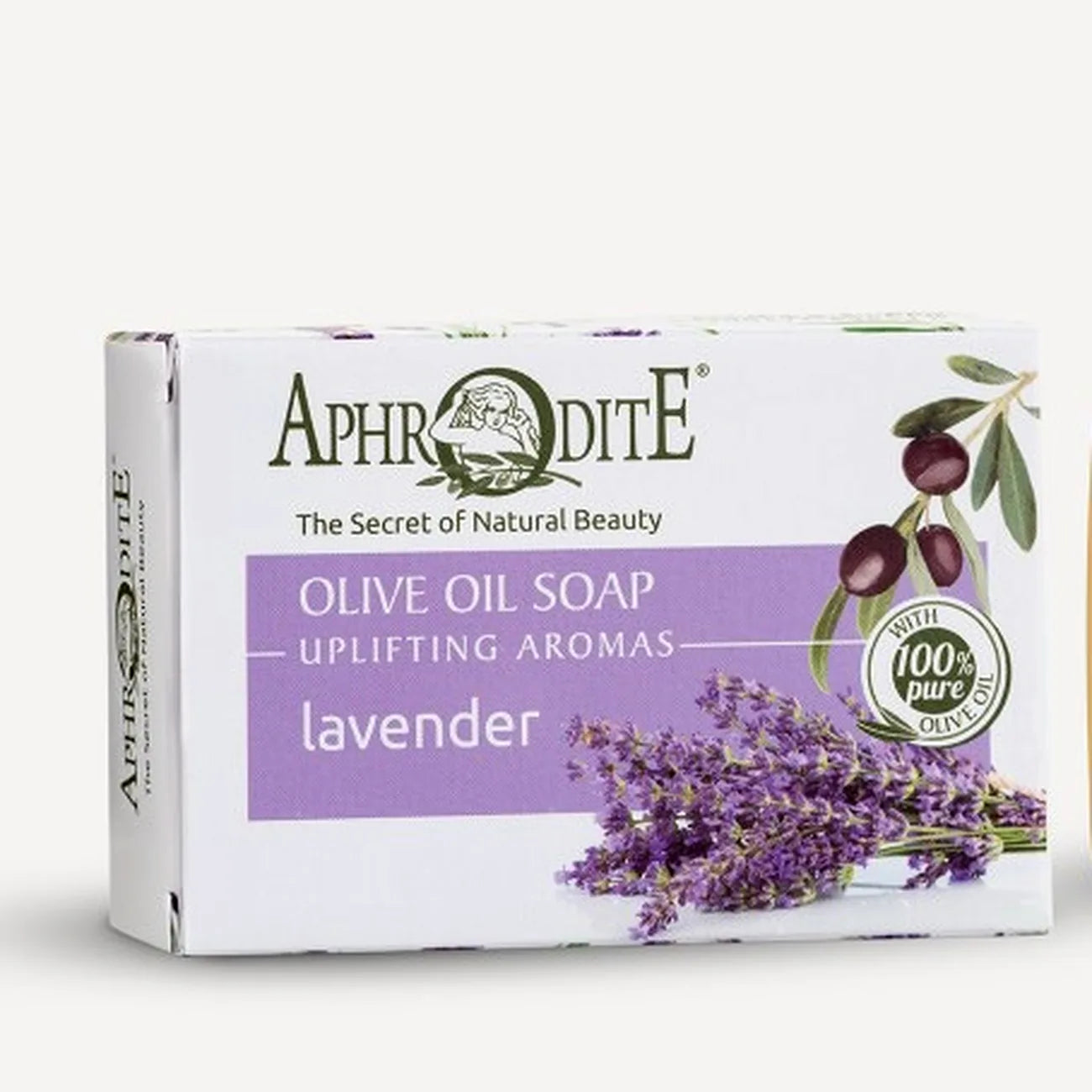 Aphrodite olive oil soap packaging with lavender theme on a white background