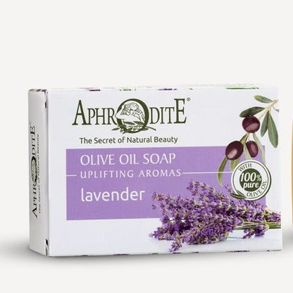 Aphrodite olive oil soap packaging with lavender theme on a white background