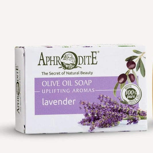 Aphrodite olive oil soap packaging with lavender theme on a white background