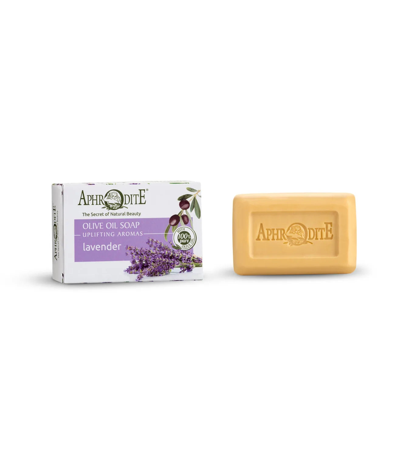 Olive oil soap with lavender scent and packaging on a white background