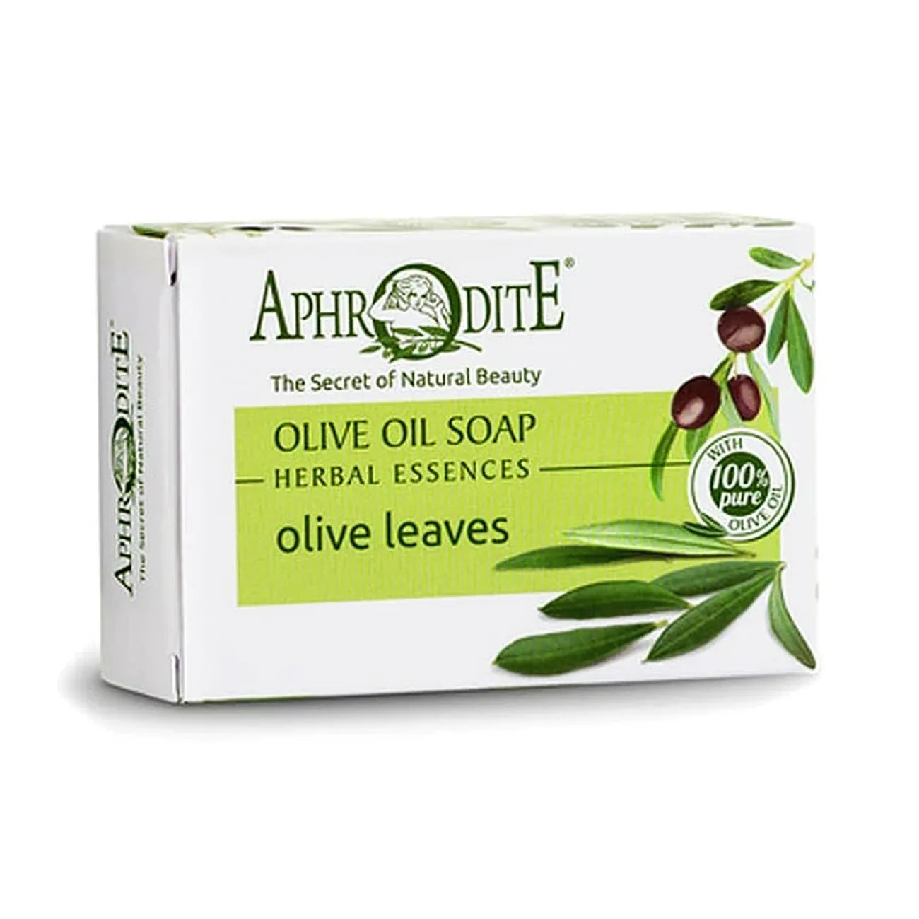 Aphrodite olive oil soap packaging with olive leaves on a white background