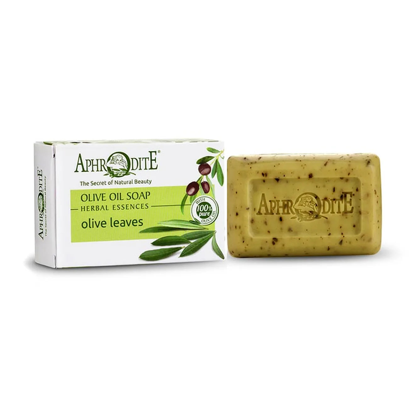 Aphrodite olive oil soap with packaging on a white background