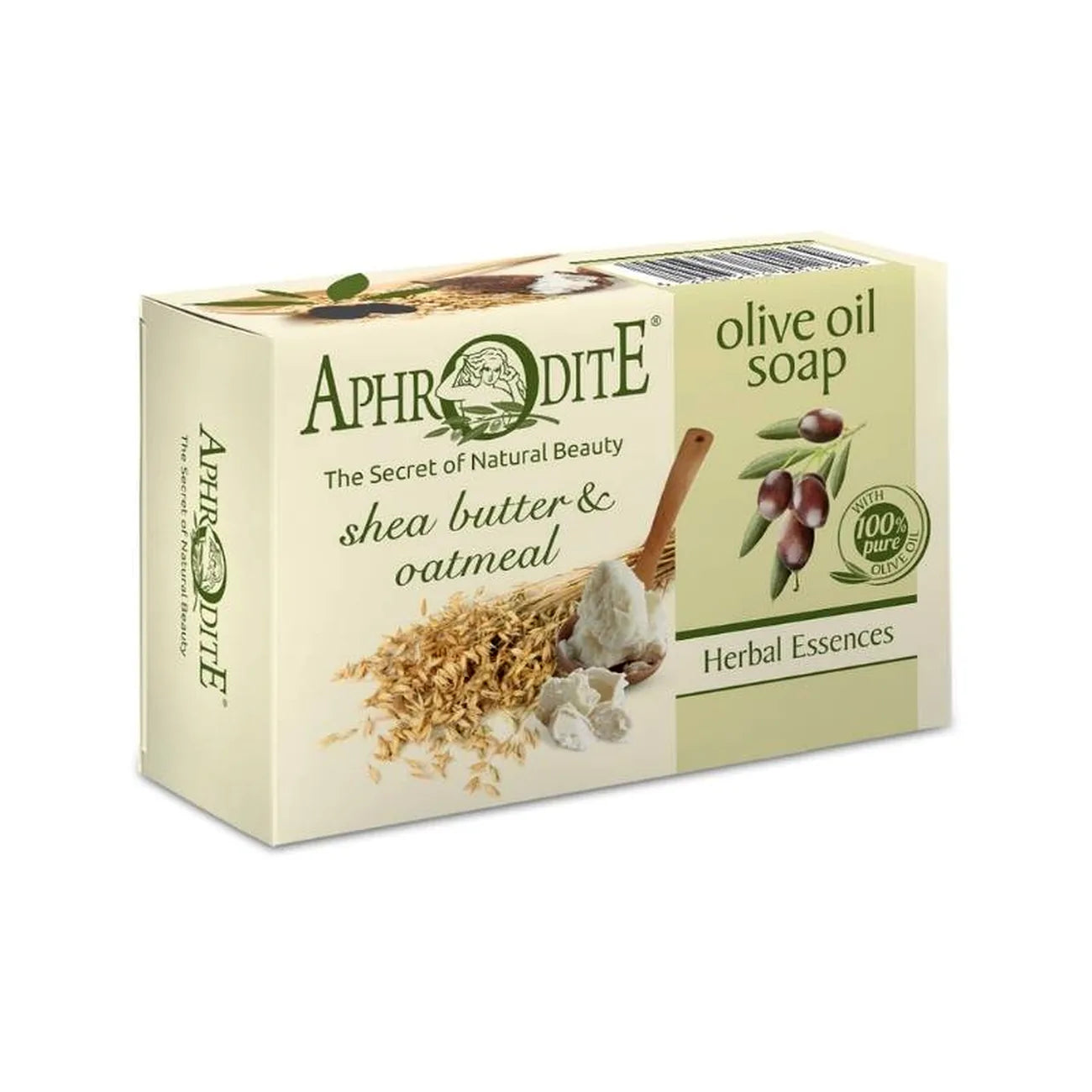 Box of Aphrodite olive oil soap with shea butter and oatmeal on a white background