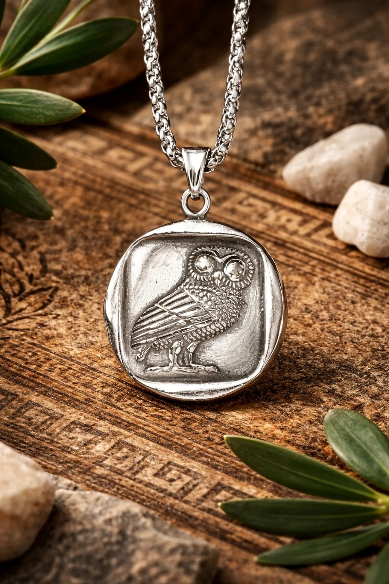 Silver owl pendant necklace on a wooden surface with leaves and stones.