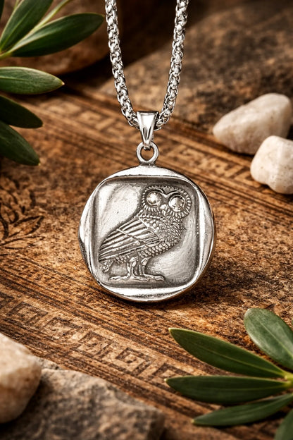 Silver owl pendant necklace on a wooden surface with leaves and stones.