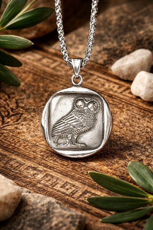 Silver owl pendant necklace on a wooden surface with leaves and stones.