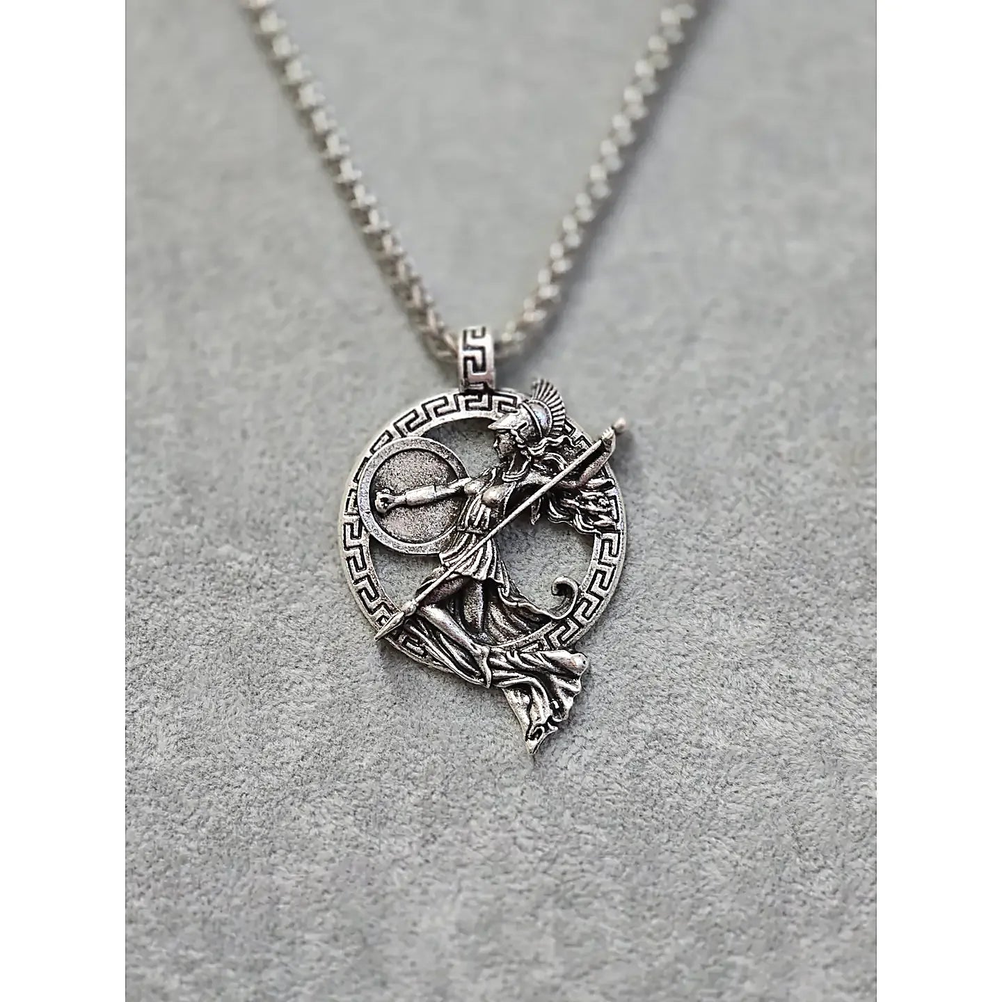 Athena pendant necklace—front view, Greek key border, spear and shield