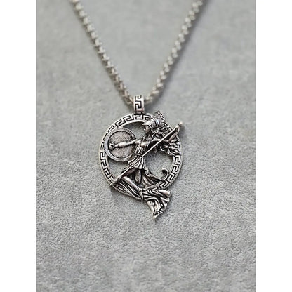 Athena pendant necklace—front view, Greek key border, spear and shield