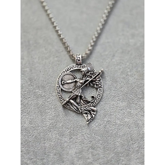 Athena pendant necklace—front view, Greek key border, spear and shield