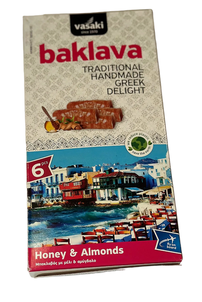 Box of Vaski baklava with Greek-themed design on a white background