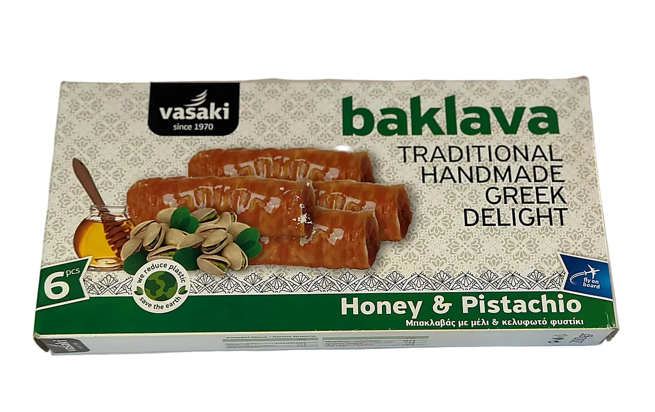 Box of Vasaki baklava with honey and pistachio flavor on a white background