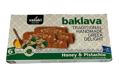 Box of Vasaki baklava with honey and pistachio flavor on a white background