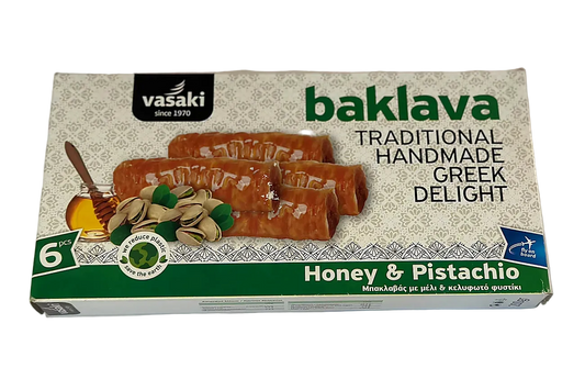 Box of Vasaki baklava with honey and pistachio flavor on a white background