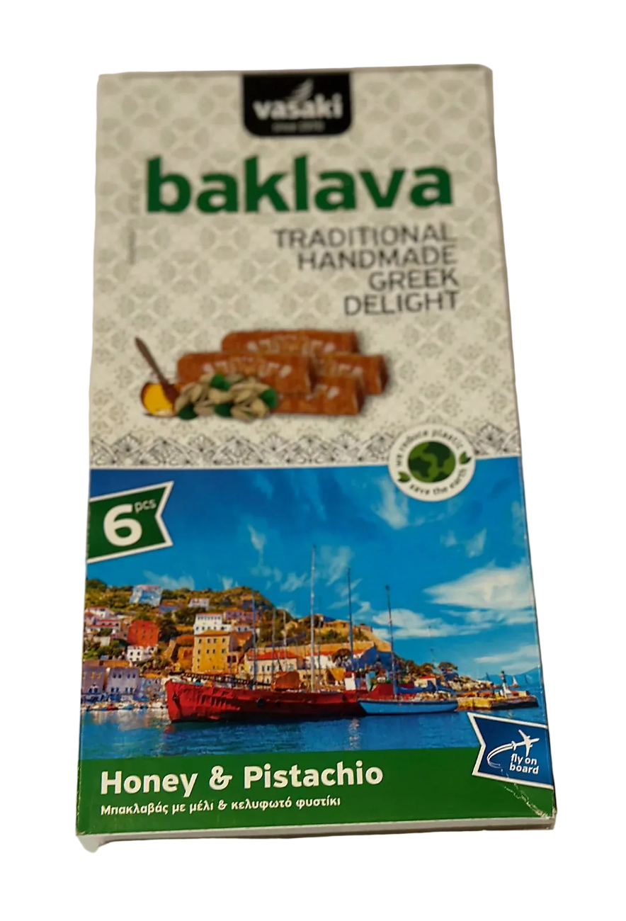 Box of Vasaki baklava with a scenic design on a white background