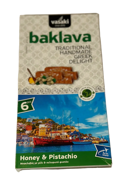 Box of Vasaki baklava with a scenic design on a white background