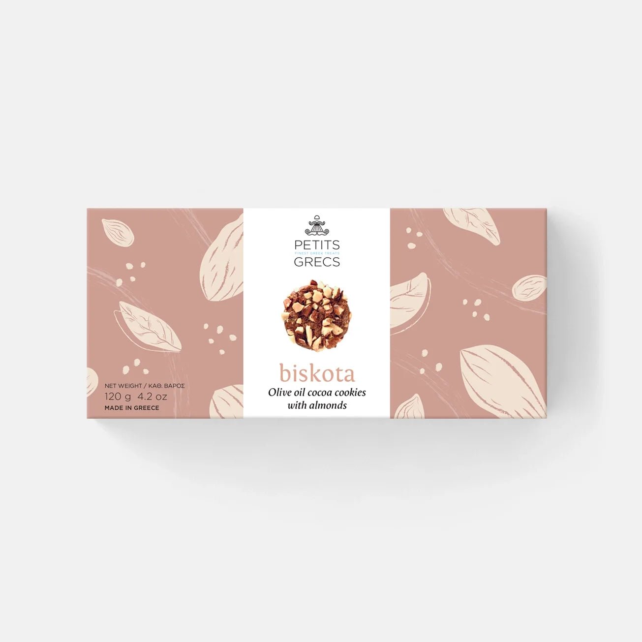 Biskota olive oil cocoa cookies with almonds packaging on a white background