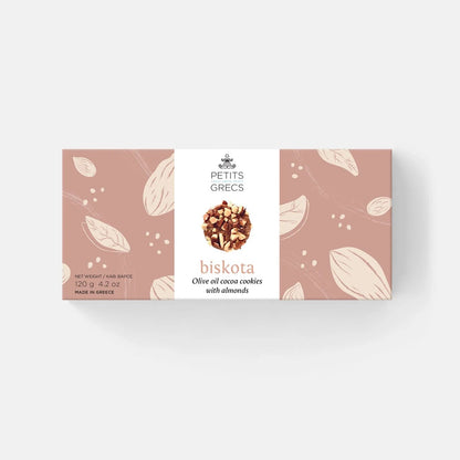 Biskota olive oil cocoa cookies with almonds packaging on a white background