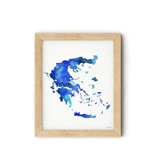 Blue Greece Map, Travel Watercolor Wall Art (Unframed) - Hellenic Sun Gifts