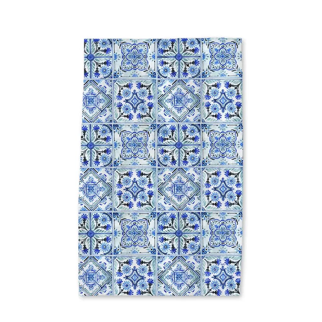 Blue and white patterned fabric on a white background