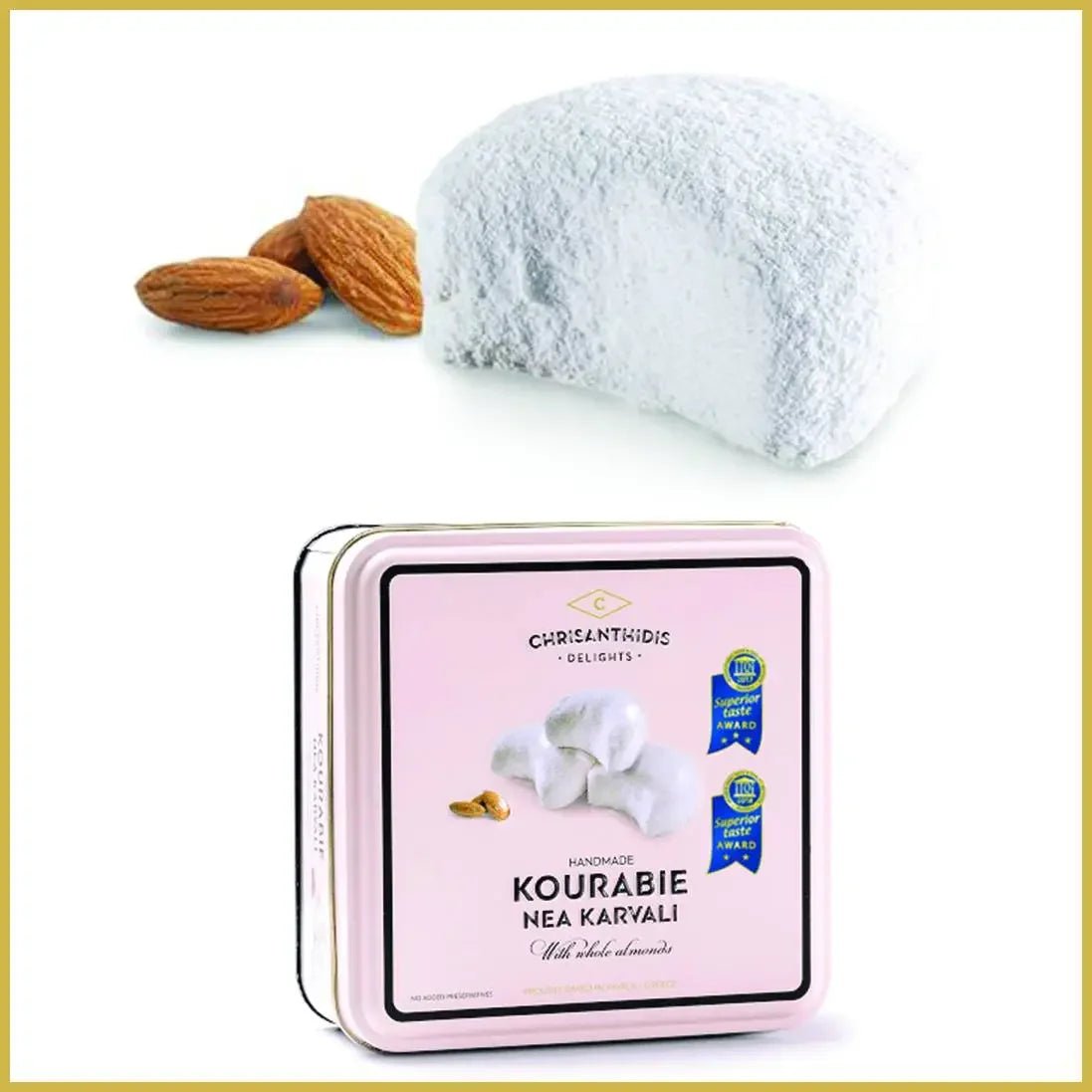 Pink tin of Christandidou Delights Kourabie with almonds and a white confectionery item on a white background
