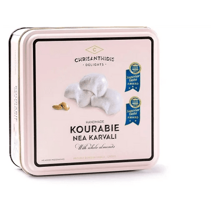 Pink tin of Chrisanthidis Delights Kourabie with product image and branding on a white background
