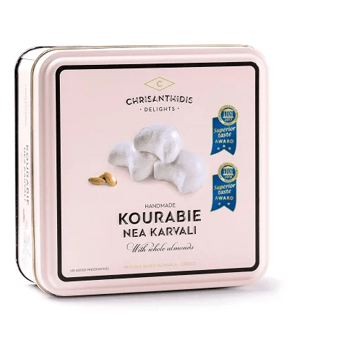Pink tin of Chrisanthidis Delights Kourabie with product image and branding on a white background