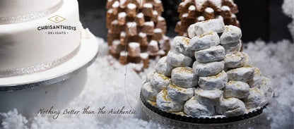 Pyramid of cookies with 'Chrisanthidis Delights' branding on a white background