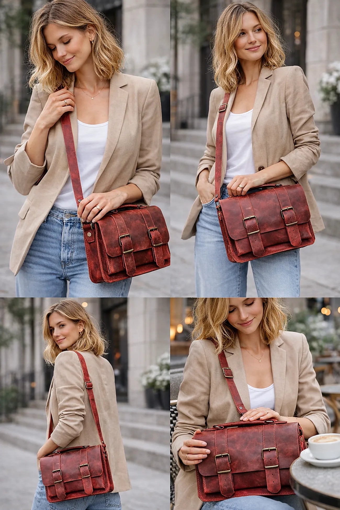 Woman holding a red leather bag in various poses outdoors.