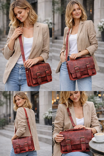 Woman holding a red leather bag in various poses outdoors.