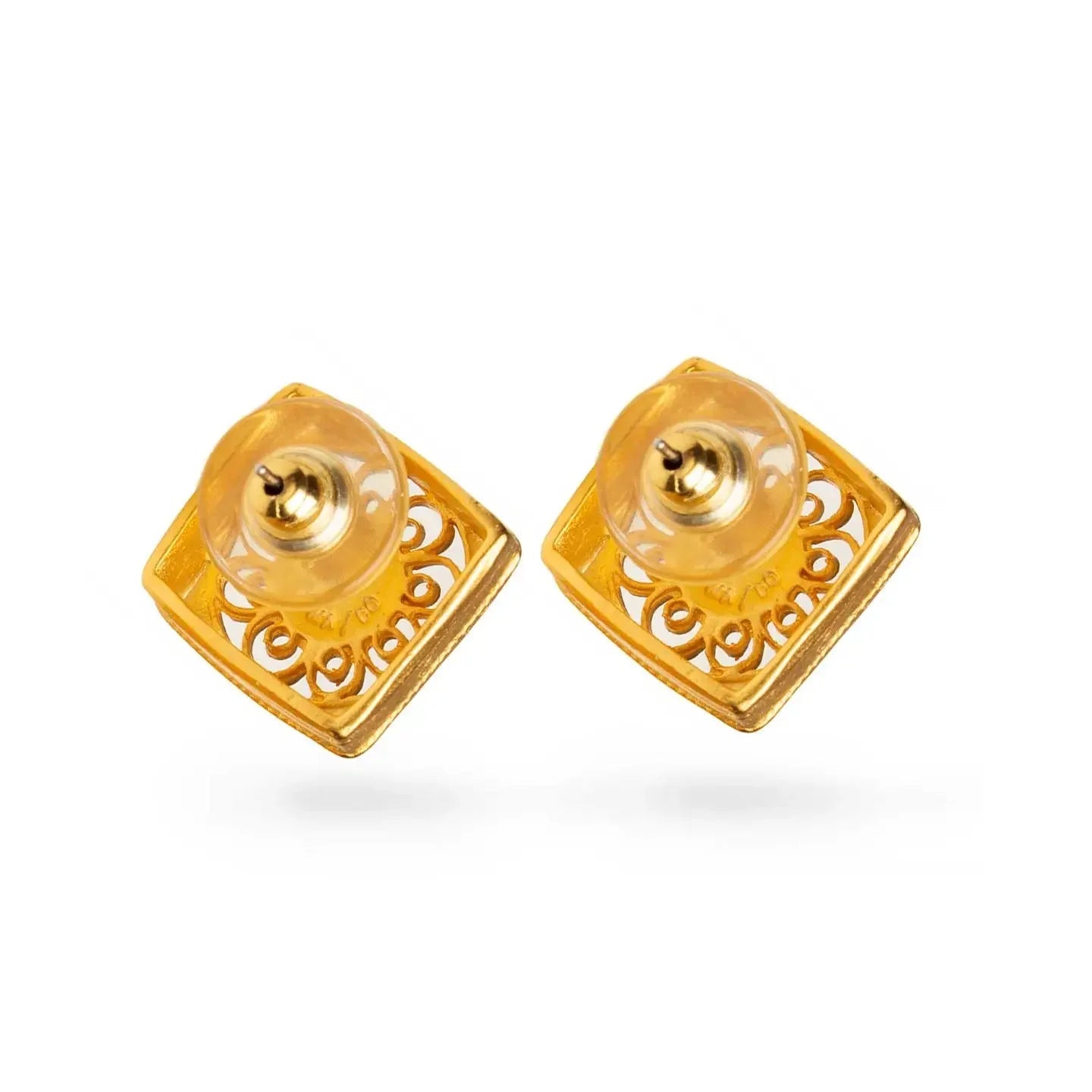 Pair of gold square earrings with intricate designs on a white background