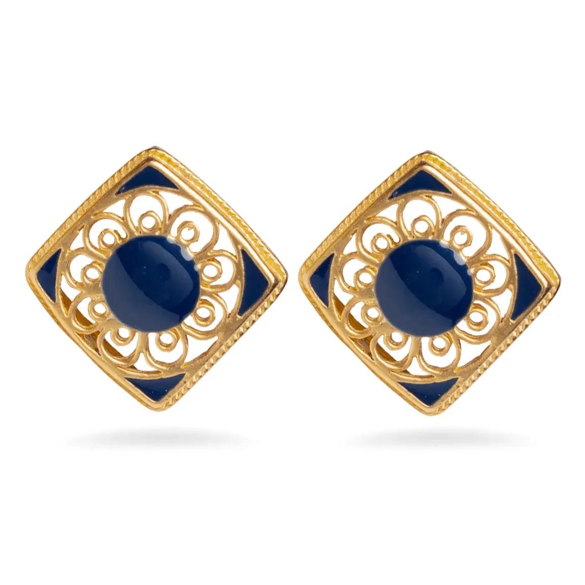 Pair of gold square earrings with blue centers on a white background