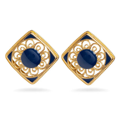 Pair of gold square earrings with blue centers on a white background