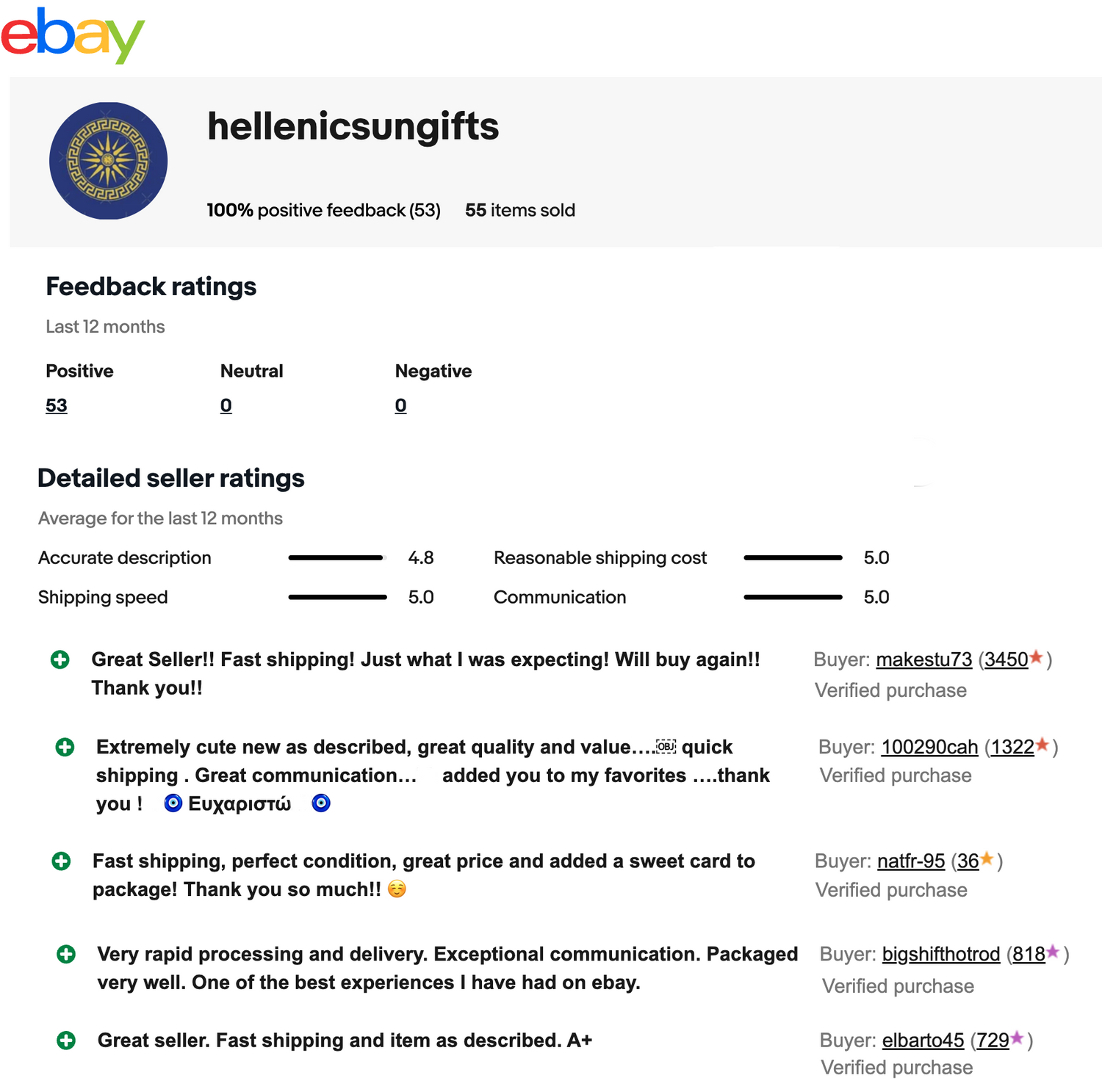 hellenicsungifts profile page from eBay showing feedback ratings and detailed seller ratings.