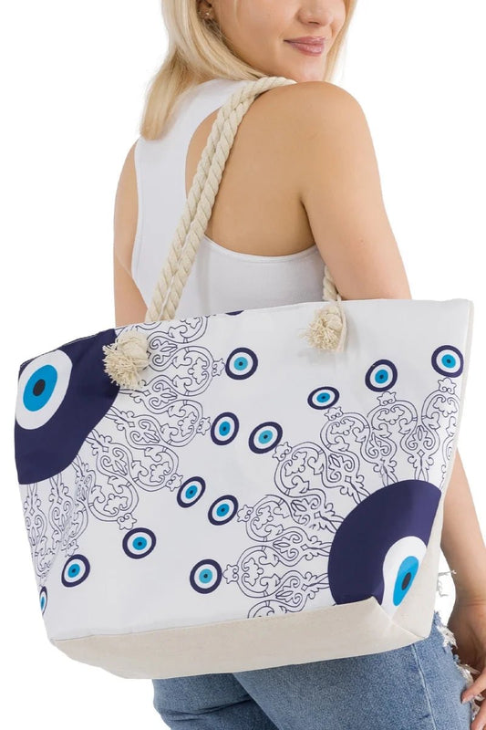 Enchanting Evil Eye Canvas Tote with Rope Handles - Stylish & Spacious - Hellenic Sun Gifts