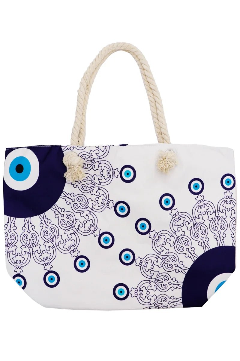 Tote bag with rope handles and mati evil eye design on a white background - front knockout view