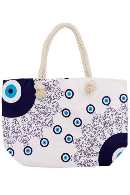 Tote bag with rope handles and mati evil eye design on a white background - front knockout view