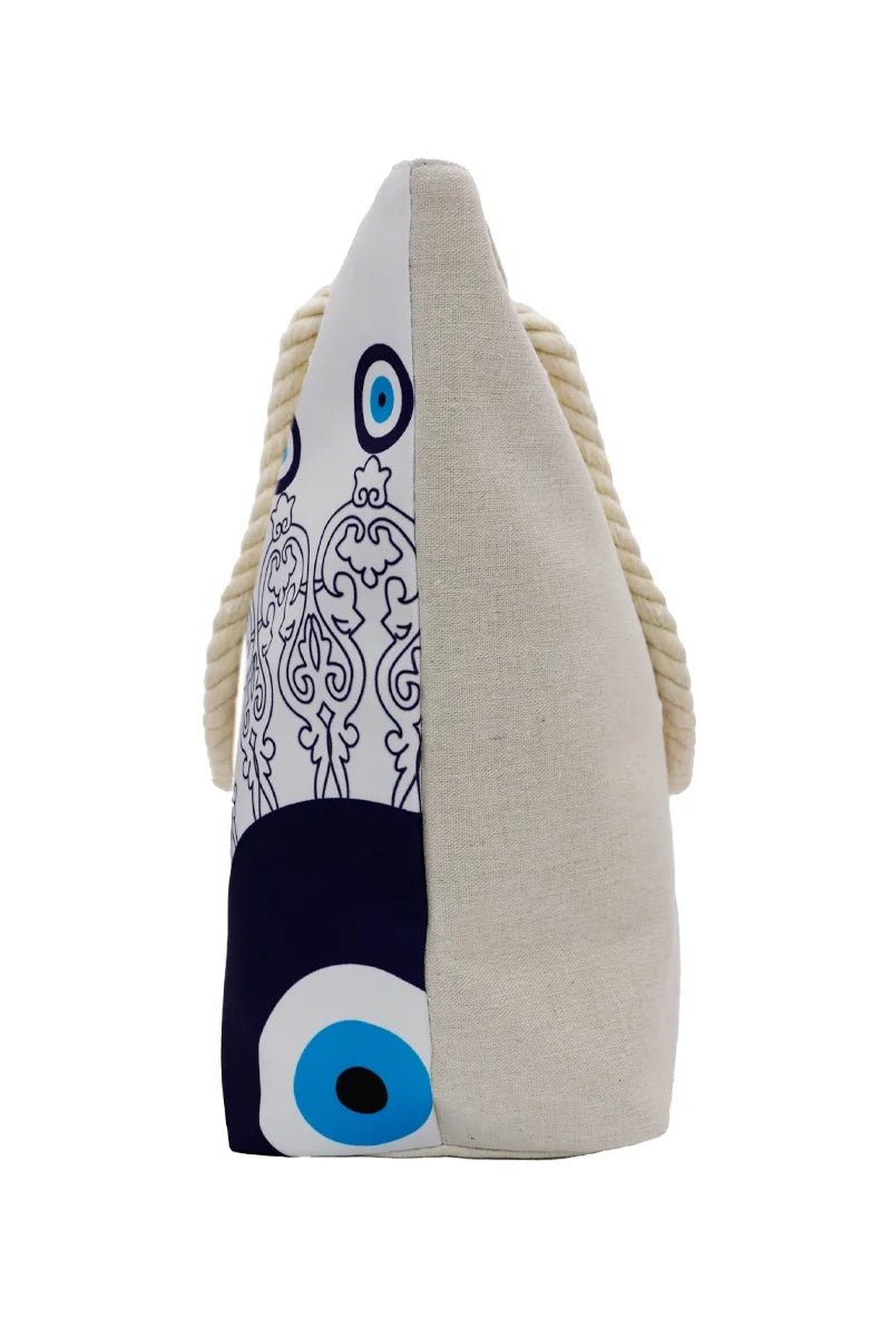 Tote bag with rope handles and mati evil eye design on a white background - right side view