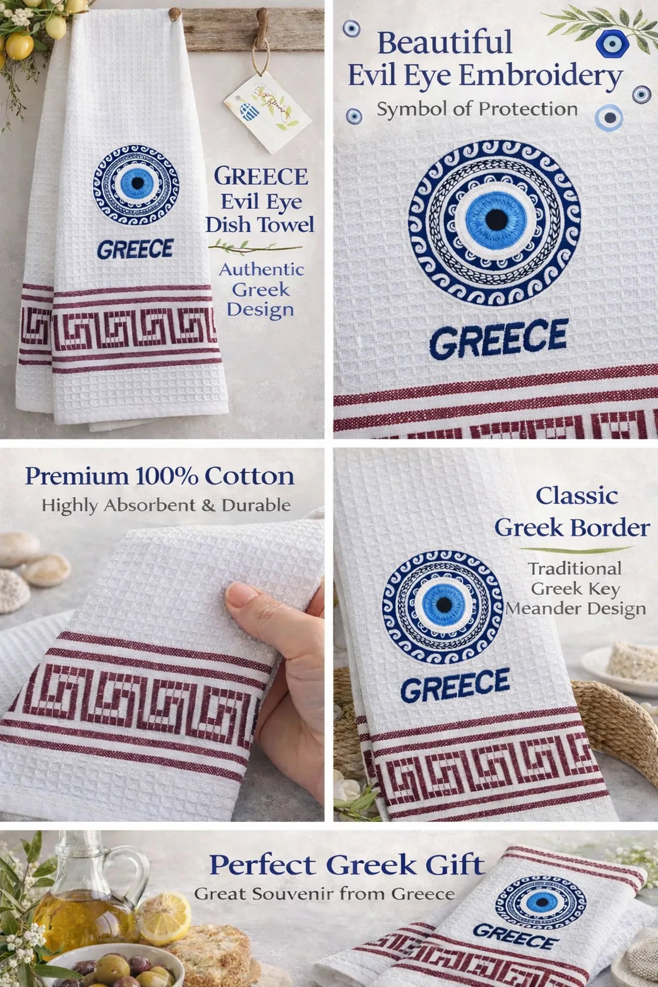 Greece-themed dish towel with evil eye design and Greek text, featuring premium 100% cotton material
