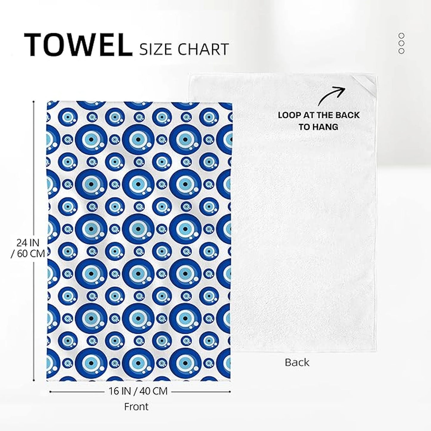 Towel size chart with blue and white patterned evil eye towel