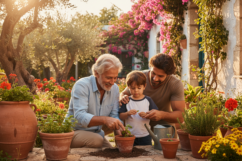 Two men and a child gardening together in a colorful garden setting.