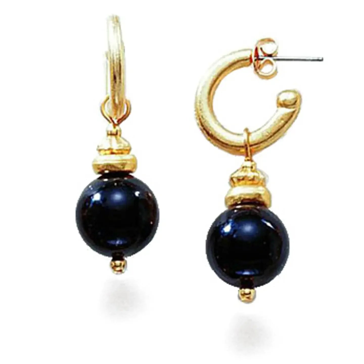 Gold hoop earrings with black onyx beads on a white background