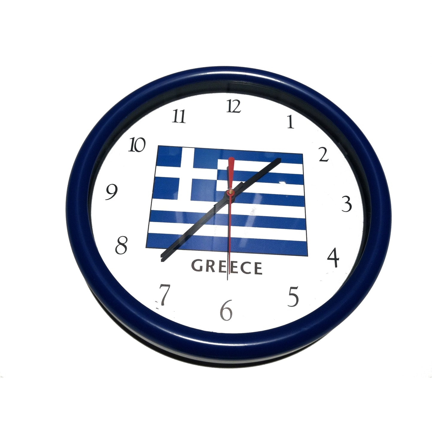 Wall clock with Greek flag design on a white wall background